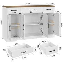 Adra 55.1'' Sideboard with 3 Drawers, Adjustable Shelves, White! (NEW IN BOX)