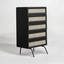 NTC Lulu 5 Drawers Dresser Storage Cabinet with Natural Rattan, Modern Vertical Chest of Drawers, Black