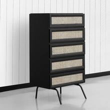 NTC Lulu 5 Drawers Dresser Storage Cabinet with Natural Rattan, Modern Vertical Chest of Drawers, Black