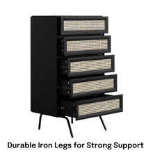 NTC Lulu 5 Drawers Dresser Storage Cabinet with Natural Rattan, Modern Vertical Chest of Drawers, Black