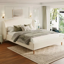 Upholstered Platform Bed Boucle Fabric and Wingback Headboard, Rounded Corners, White, King! (NEW IN BOX)