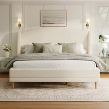 Upholstered Platform Bed Boucle Fabric and Wingback Headboard, Rounded Corners, White, King! (NEW IN BOX)