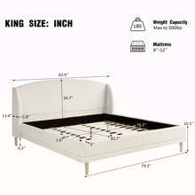 Upholstered Platform Bed Boucle Fabric and Wingback Headboard, Rounded Corners, White, King! (NEW IN BOX)