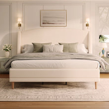 Upholstered Platform Bed Boucle Fabric and Wingback Headboard, Rounded Corners, White, King! (NEW IN BOX)