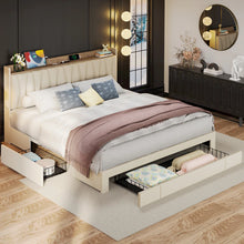Deilyn Upholstered Bed with Charging Station and 3 Drawers, King, Beige! (NEW IN BOX)