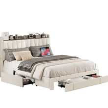 Deilyn Upholstered Bed with Charging Station and 3 Drawers, King, Beige! (NEW IN BOX)
