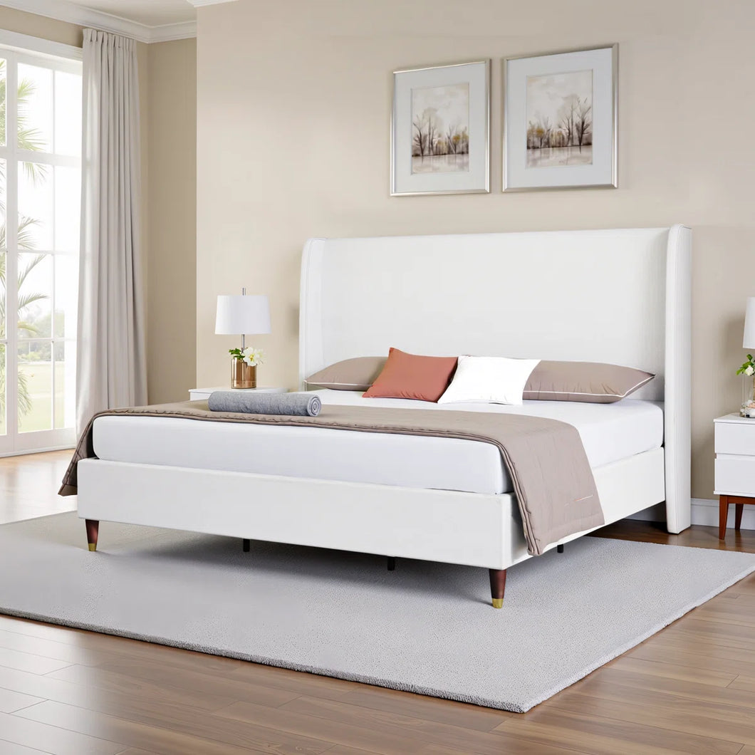 Belo Upholstered Platform Bed, White, Queen Size! (NEW IN BOX)