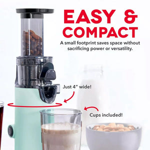 DASH Compact Masticating Slow Juicer, Easy to Clean Cold Press Juicer with Brush, Pulp Measuring Cup and Juice Recipe Guide - Aqua**New in box**