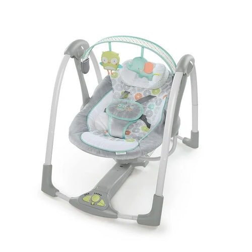 Ingenuity Swing 'n Go 5-Speed Baby Swing - Foldable, Portable, 2 Plush Toys & Sounds, 0-9 Months lbs (Hugs & Hoots) Hugs and Hoots!