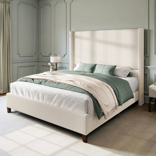 Dunwoody Upholstered Wingback Queen Size Platform Bed,Cream! (NEW IN BOX)