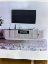 86.6" Curved TV Stand for 85 Inch TV, Entertainment Center with Storage, Fluted Media Console with Sliding Doors