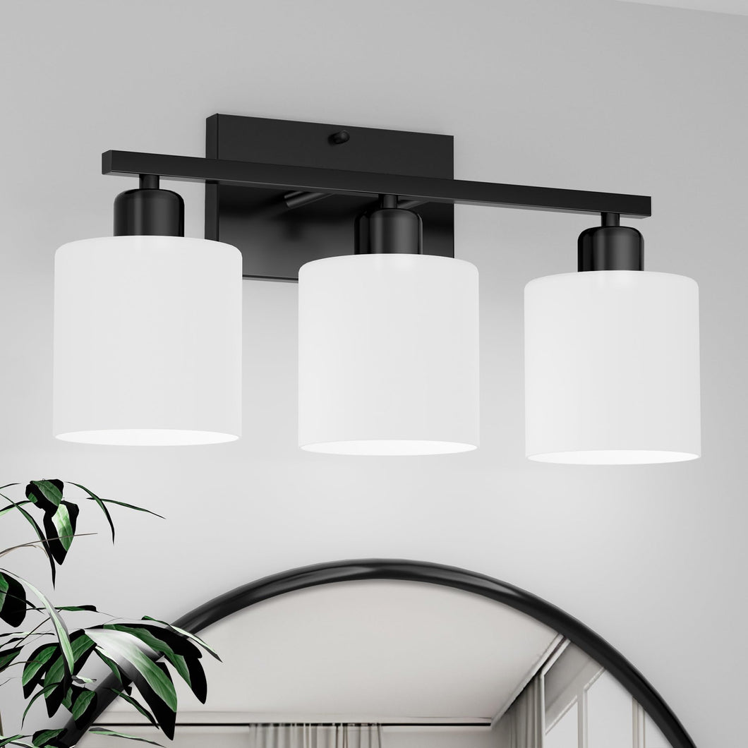 Dekang Black Bathroom Light Fixtures Over Mirror, Rustproof Vanity Lights for Bathroom, Modern 3-Light Wall Sconces for Living Room, Milky White Glass Shades, Standard E26 Base, Bulbs Not Included**New in box**