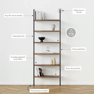 Nathan James Theo 6-Shelf Tall Bookcase Wall Mount Bookshelf Natural Wood Industrial Metal Frame Reclaimed Oak/Black! (NEW IN BOX)