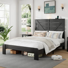 Farmhouse Bed Frame with Tall Headboard, Wooden Platform Bed Frame with Charging Station & Led Lights, King Size, Black! (NEW IN BOX)