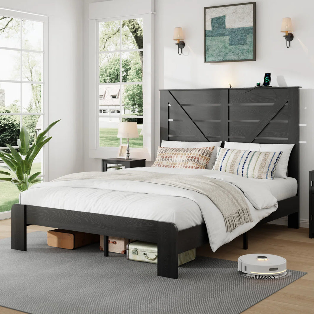 Farmhouse Bed Frame with Tall Headboard, Wooden Platform Bed Frame with Charging Station & Led Lights, King Size, Black! (NEW IN BOX)