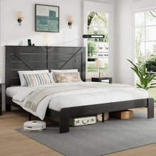 Farmhouse Bed Frame with Tall Headboard, Wooden Platform Bed Frame with Charging Station & Led Lights, King Size, Black! (NEW IN BOX)
