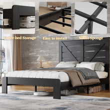 Farmhouse Bed Frame with Tall Headboard, Wooden Platform Bed Frame with Charging Station & Led Lights, King Size, Black! (NEW IN BOX)