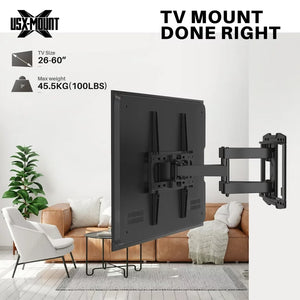 USX MOUNT Full Motion TV Wall Mount for 26-60 Inch TVs, Universal TV Mount with Swivels and Tilts Hold up to 100lbs, VESA 400x400mm, 16" Wood Studs!