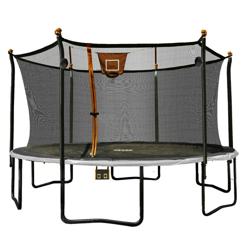 Bounce Pro 14ft Multiplay Trampoline & Enclosure Combo Set with Basketball, Electron Shooter Game, Flash Light Zone Features, Painted Legs & Phone Pouch! (NEW IN BOX)