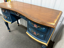 SCRATCHED BLUE/WOOD FLORAL VANITY! (NEVER USED - BUT IS SCRATCHED/CHIPPED ACROSS THE TOP)
