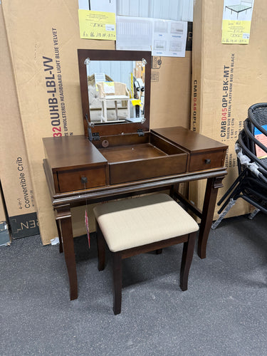 Linon Angela Wood Vanity Set Upholstered Beige Stool 2 Drawers Mirror in Walnut! (NEW & ASSEMBLED)