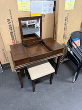 Linon Angela Wood Vanity Set Upholstered Beige Stool 2 Drawers Mirror in Walnut! (NEW & ASSEMBLED)