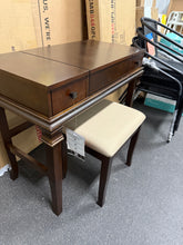 Linon Angela Wood Vanity Set Upholstered Beige Stool 2 Drawers Mirror in Walnut! (NEW & ASSEMBLED)