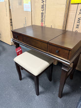 Linon Angela Wood Vanity Set Upholstered Beige Stool 2 Drawers Mirror in Walnut! (NEW & ASSEMBLED)