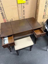 Linon Angela Wood Vanity Set Upholstered Beige Stool 2 Drawers Mirror in Walnut! (NEW & ASSEMBLED)