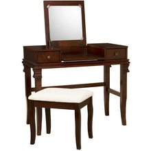 Linon Angela Wood Vanity Set Upholstered Beige Stool 2 Drawers Mirror in Walnut! (NEW & ASSEMBLED)