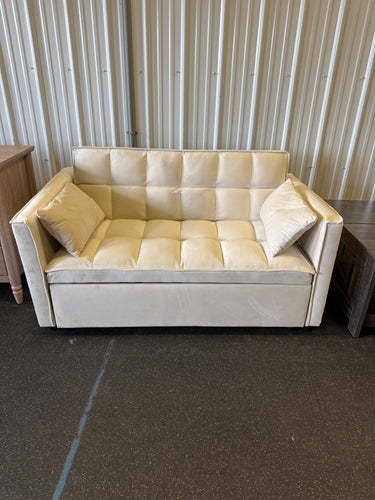 3 in 1 Convertible Sleeper Sofa Bed, Modern Pull Out Couch Bed, Adjustable Backrest, Velvet Loveseat Futon Sofa with Pillows & Pockets for Living Room Apartment, (CREAM) - NEW AND ASSEMBLED - MINOR TEAR ON EDGE OF PULL OUT - LIGHTLY DIRTY FROM SHIPPING