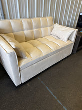 3 in 1 Convertible Sleeper Sofa Bed, Modern Pull Out Couch Bed, Adjustable Backrest, Velvet Loveseat Futon Sofa with Pillows & Pockets for Living Room Apartment, (CREAM) - NEW AND ASSEMBLED - MINOR TEAR ON EDGE OF PULL OUT - LIGHTLY DIRTY FROM SHIPPING