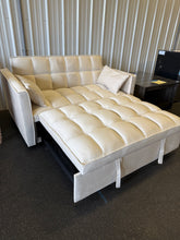 3 in 1 Convertible Sleeper Sofa Bed, Modern Pull Out Couch Bed, Adjustable Backrest, Velvet Loveseat Futon Sofa with Pillows & Pockets for Living Room Apartment, (CREAM) - NEW AND ASSEMBLED - MINOR TEAR ON EDGE OF PULL OUT - LIGHTLY DIRTY FROM SHIPPING