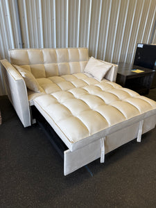 3 in 1 Convertible Sleeper Sofa Bed, Modern Pull Out Couch Bed, Adjustable Backrest, Velvet Loveseat Futon Sofa with Pillows & Pockets for Living Room Apartment, (CREAM) - NEW AND ASSEMBLED - MINOR TEAR ON EDGE OF PULL OUT - LIGHTLY DIRTY FROM SHIPPING