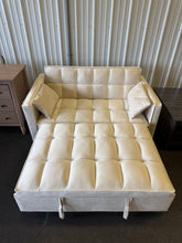 3 in 1 Convertible Sleeper Sofa Bed, Modern Pull Out Couch Bed, Adjustable Backrest, Velvet Loveseat Futon Sofa with Pillows & Pockets for Living Room Apartment, (CREAM) - NEW AND ASSEMBLED - MINOR TEAR ON EDGE OF PULL OUT - LIGHTLY DIRTY FROM SHIPPING