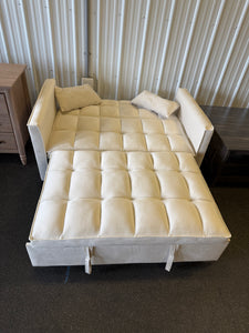 3 in 1 Convertible Sleeper Sofa Bed, Modern Pull Out Couch Bed, Adjustable Backrest, Velvet Loveseat Futon Sofa with Pillows & Pockets for Living Room Apartment, (CREAM) - NEW AND ASSEMBLED - MINOR TEAR ON EDGE OF PULL OUT - LIGHTLY DIRTY FROM SHIPPING