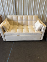 3 in 1 Convertible Sleeper Sofa Bed, Modern Pull Out Couch Bed, Adjustable Backrest, Velvet Loveseat Futon Sofa with Pillows & Pockets for Living Room Apartment, (CREAM) - NEW AND ASSEMBLED - MINOR TEAR ON EDGE OF PULL OUT - LIGHTLY DIRTY FROM SHIPPING