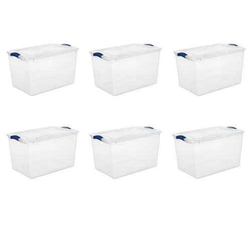 Sterilite Large Storage Bin, 66 Quart Clear Plastic Storage Container with Latch Lid, Blue, 6 Count! (NEW)