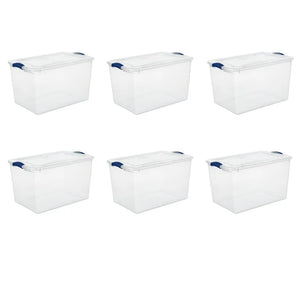 Sterilite Large Storage Bin, 66 Quart Clear Plastic Storage Container with Latch Lid, Blue, 6 Count! (NEW)