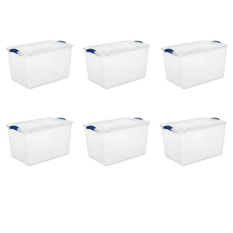 Sterilite Large Storage Bin, 66 Quart Clear Plastic Storage Container with Latch Lid, Blue, 6 Count! (NEW)