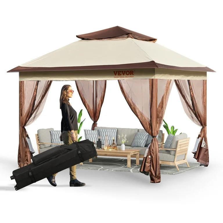 VEVOR Patio Gazebo, 11 x 11 FT Pop up Gazebo for 8-10 Person, with Mosquito Netting, Metal Frame, and PU Coated 250D Oxford Cloth, Outdoor Canopy! (NEW IN BOX)