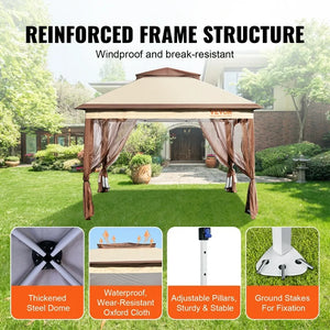 VEVOR Patio Gazebo, 11 x 11 FT Pop up Gazebo for 8-10 Person, with Mosquito Netting, Metal Frame, and PU Coated 250D Oxford Cloth, Outdoor Canopy! (NEW IN BOX)