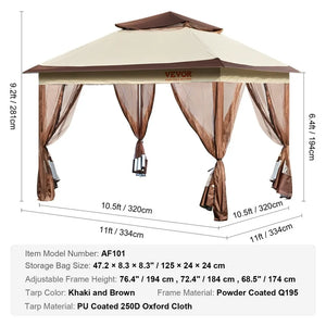 VEVOR Patio Gazebo, 11 x 11 FT Pop up Gazebo for 8-10 Person, with Mosquito Netting, Metal Frame, and PU Coated 250D Oxford Cloth, Outdoor Canopy! (NEW IN BOX)