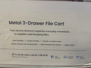 Brightroom Steel File Utility Cart White, Rolling Storage with Casters, Under Desk Organizer, Powder-Coated Steel!! NEW IN BOX!!