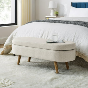 Oval Storage Ottoman Bench, 43.5" Linen Upholstered Storage Bench with Solid Wood Legs, Modern End of Bed Storage Bench Indoor Ottoman Bench with Storage for Living Room, Bedroom, Entryway, Beige! (NEW IN BOX)
