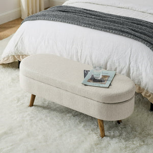 Oval Storage Ottoman Bench, 43.5" Linen Upholstered Storage Bench with Solid Wood Legs, Modern End of Bed Storage Bench Indoor Ottoman Bench with Storage for Living Room, Bedroom, Entryway, Beige! (NEW IN BOX)