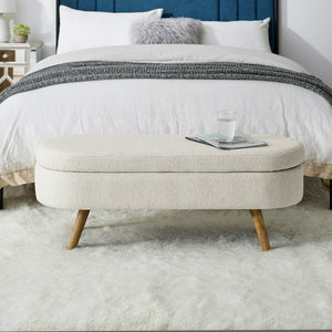 Oval Storage Ottoman Bench, 43.5" Linen Upholstered Storage Bench with Solid Wood Legs, Modern End of Bed Storage Bench Indoor Ottoman Bench with Storage for Living Room, Bedroom, Entryway, Beige! (NEW IN BOX)