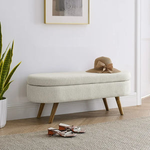 Oval Storage Ottoman Bench, 43.5" Linen Upholstered Storage Bench with Solid Wood Legs, Modern End of Bed Storage Bench Indoor Ottoman Bench with Storage for Living Room, Bedroom, Entryway, Beige! (NEW IN BOX)