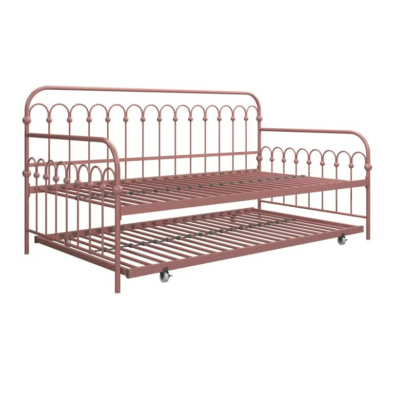Novogratz Bright Pop Twin Metal Daybed with Twin Trundle Bed, Dusty Rose! (NEW IN BOX - MISSING ONE METAL SLAT!)