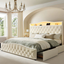Upholstered King Bed Frame with 4 Storage Drawers and 52.5" Tall Headboard, Platform Bed with Charging Station & LED Light, No Spring Box Needed! (NEW IN BOX)